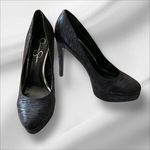 Jessica Simpson Metallic Blue Black Stiletto Shoe Heels SZ 7.5 Women Coquette